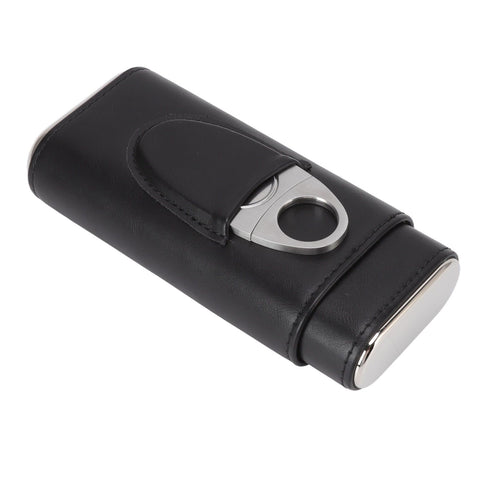 3 Finger Cigar Case Iron Cover Portable Soft Glossy Leather Cigar Holder Case with Cutter for Travel Black