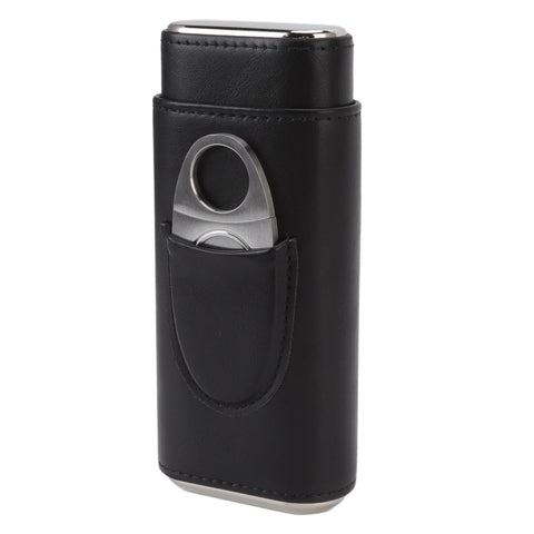 3 Finger Cigar Case Iron Cover Portable Soft Glossy Leather Cigar Holder Case with Cutter for Travel Black