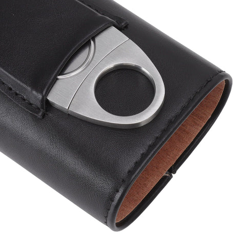3 Finger Cigar Case Iron Cover Portable Soft Glossy Leather Cigar Holder Case with Cutter for Travel Black