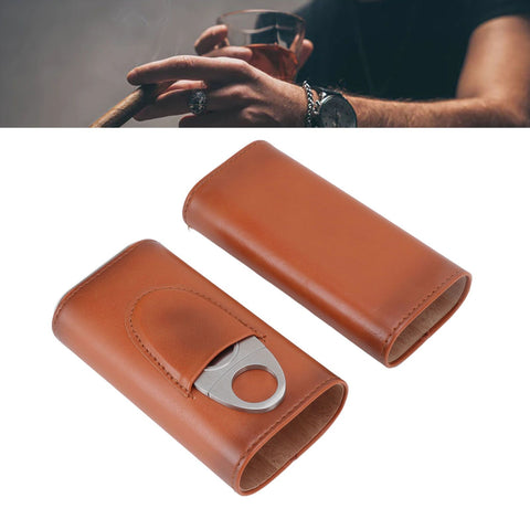 3 Finger Cigar Case Iron Cover Portable Soft Glossy Leather Cigar Holder Case with Cutter for Travel Brown