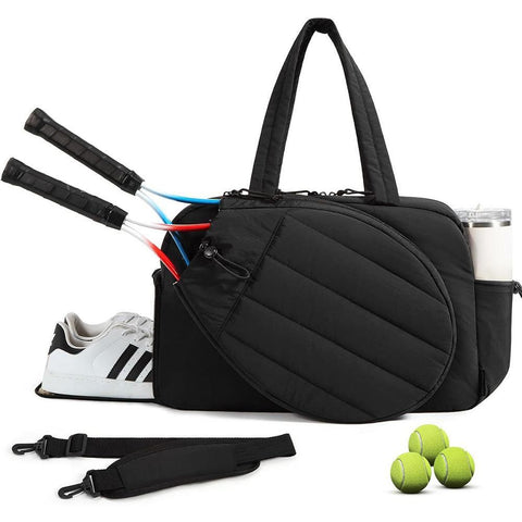 Womens Tennis Gym Bag Sports Tote Fits Two Rackets with Shoe Compartment - Black