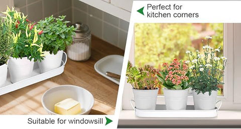 Herb Garden Planter Indoor Kit – 6 Metal Pots with 2 Trays for Windowsill & Kitchen Counter – Modern Decorative Indoor Planters for Herbs, Succulents & Small Plants, White
