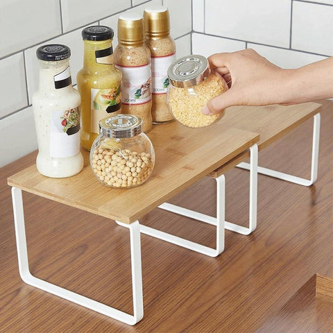 Kitchen Shelf Organizer – 2-Tier Expandable & Stackable Countertop Spice Storage Rack, White Metal Frame Pantry Cabinet Organizer for Dishes, Spices, Mugs, 4 Packs
