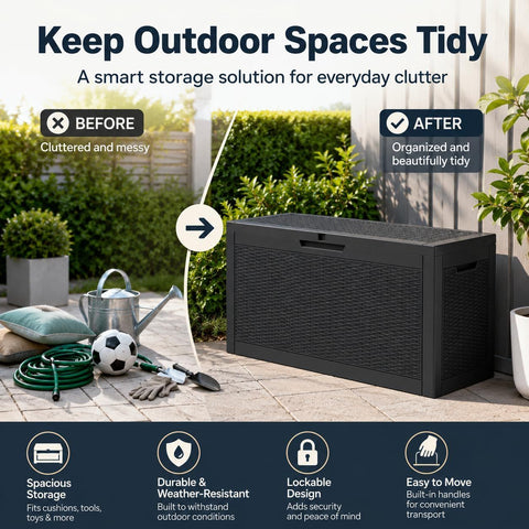 60 Gallon Outdoor Storage Deck Box, 227L Resin Patio Storage Box with Lockable Lid, Waterproof-Look Rattan Deck Box for Cushions, Garden Tools, Pool Accessories, Toys, Patio, Garden and Porch