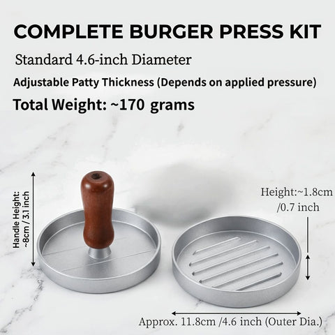 Professional 4.6-inch aluminum burger patty maker with ergonomic wooden handle, non-stick burger patty maker, suitable for grilling, heavy-duty manual patty press, suitable for beef, poultry and veggie burgers, easy-to-clean outdoor grill pan.