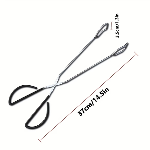 Long, sturdy, and heat-resistant charcoal tongs for grilling food. Made of stainless steel, these portable tongs are suitable for outdoor grilling, charcoal, and fire pits.
