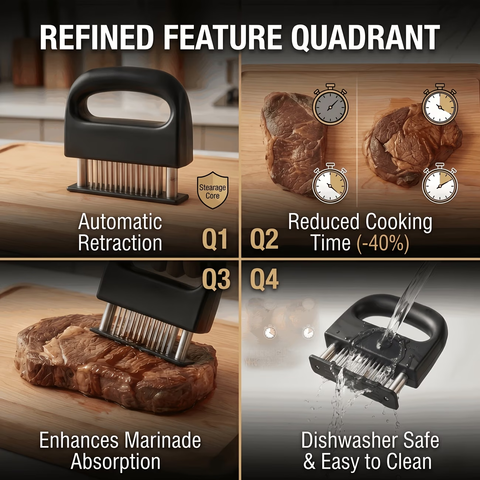 Heavy-duty meat tenderizer with 48 stainless steel needles and a locking mechanism – suitable for tenderizing steaks, beef, pork, turkey, fish, and poultry. Can be used with marinades. The black ABS handle is designed for professional kitchens.