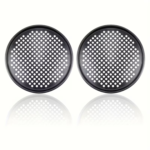 Two pizza baking pans, each 30.48 cm in diameter, feature ventilation holes for improved cooking efficiency and a non-stick coating, making them ideal for oven use.