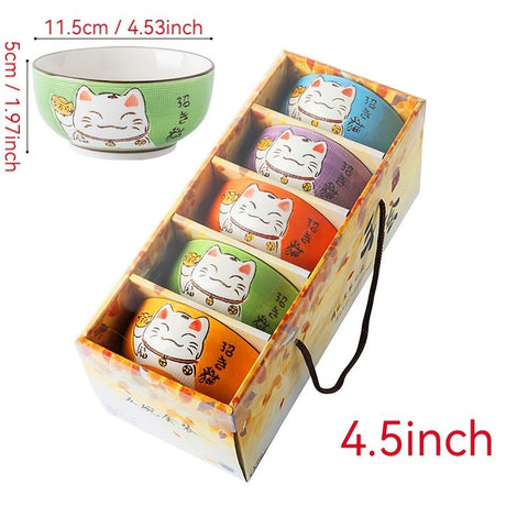 Lucky Cat Ceramic Bowl Set – 4-Piece Maneki-Neko Gift Box