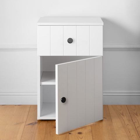 PORTO BEDSIDE TABLE - WHITE - VJ PANEL - ROUND BLACK