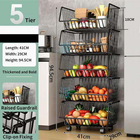 CARLA HOME Metal 5-Tier Rolling Vegetable and Fruit Basket Cart Stand for Kitchen