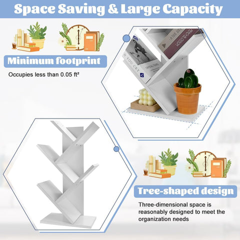 CARLA HOME 5-Tier Tree Bookshelf Storage Rack for Home Office or Bedroom (White)