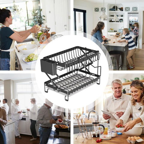 CARLA HOME 2-Tier Dish Drying Rack with Drainage Tray, Utensil Holder, Cup Hooks & Cutting Board Rack for Kitchen (Black)