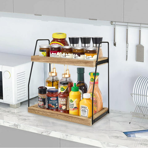 CARLA HOME 2-Tier Wooden Coffee Station Rack Organizer for Coffee Bar, Condiments, Syrups, Storage Jars & Spice Storage Shelf