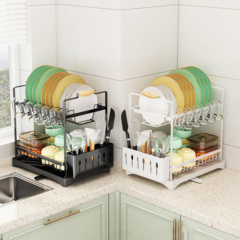 CARLA HOME 2-Tier Large Dish Drying Rack with Drainboard, Utensil Holder, Glass Hooks & Cutlery Storage (Black)