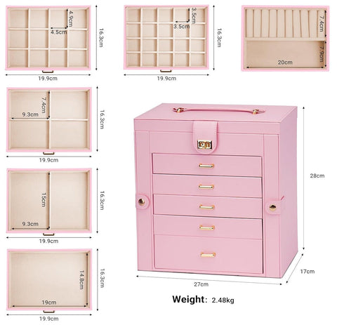 CARLA HOME 6-Layer Large Jewelry Box for Women withDrawers, Mirror, Lock, Necklace Hooks & Side Compartments for Rings, Earrings, Bracelets, Gifts (Pink)