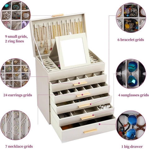 CARLA HOME  6-Layer Large Jewelry Organizer Box for Women with Mirror, Drawers, Hooks & Dividers for Rings, Necklaces, Bracelets, Ideal Gift for Women (White)