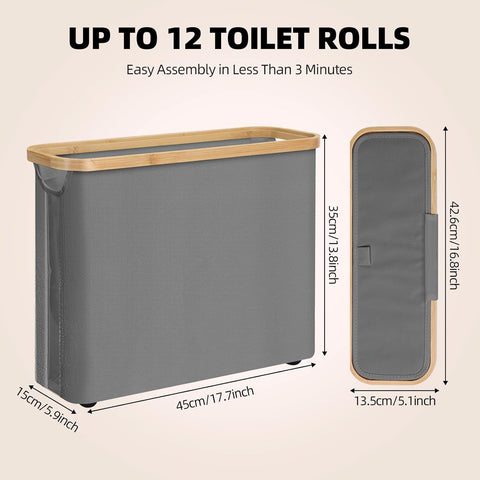 CARLA HOME 2 pack Toilet Paper Storage Basket Holds Up to 12 Rolls with Bamboo Lid and Handle for RV Closet (Grey)