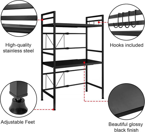 CARLA HOME 3-Tier Microwave Oven Rack with Adjustable Metal Kitchen Shelf Stand for Countertop Storage and 6 Hooks for Utensils