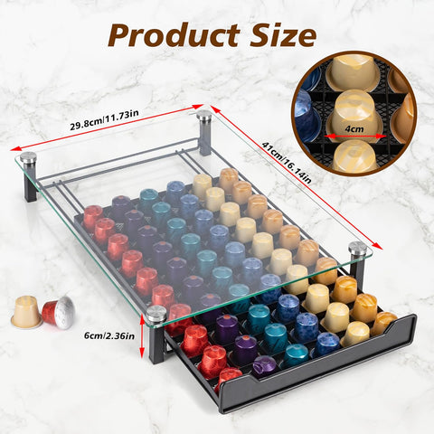 CARLA HOME 60 Coffee Pod Holder Drawer with Tempered Glass Capsule Organizer for Nespresso Pods and Sliding Drawer for Kitchen Countertop