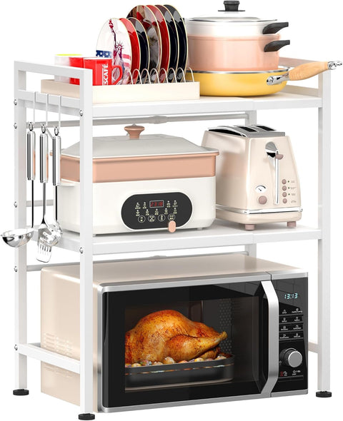 CARLA HOME 3-Tier Microwave Oven Rack with Adjustable Metal Kitchen Shelf Stand for Countertop Storage and 6 Hooks for Utensils