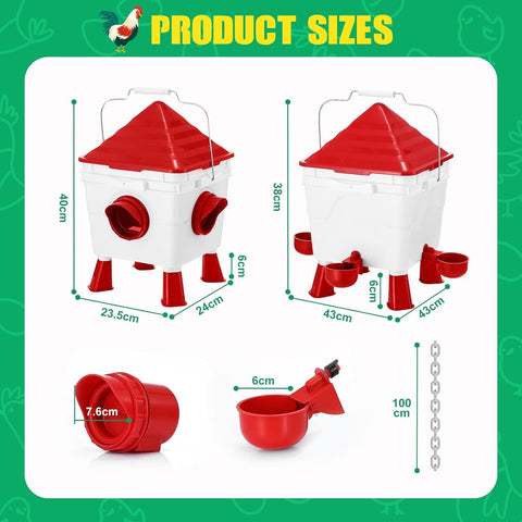 CARLA HOME Chicken Feeder Waterer Set, Automatic Gravity Dispenser with 8KG Food & 8L Water Capacity, 4 Ports & Cups, Clean Poultry Feeding for Coop, Duck, Quail, Hen