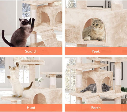 CARLA HOME 134cm Cat Tree Tower for Indoor Cats with Plush Perches, Dual Condos, Natural Sisal Scratching Posts & Ramp for Kittens & Adult Cats (Beige)