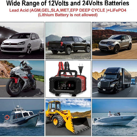 12V 20A/24V 10A Smart Car Battery Charger for Lead Acid LiFePo4 AGM Moto Battery