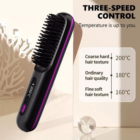 Black Hair Straightener Brush Travel Mini Rechargeable Hair Styler Fast Heating