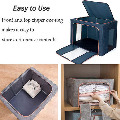 Foldable Storage Box Crushed Steel Frame Clothes Quilt Toys Organizer 24L Random color
