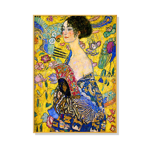 Wall Art 50cmx70cm Lady With A fan By Klimt Gold Frame Canvas
