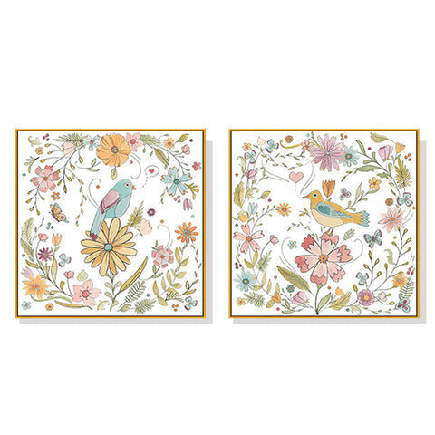 Wall Art 90cmx90cm Floral birds 2 Sets Gold Frame Canvas