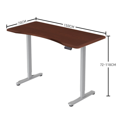 FORTIA Sit To Stand Up Standing Desk, 150x70cm, 72-118cm Electric Height Adjustable, Ergonomically Curved Edge, 50kg Rated, Walnut Style/Silver Frame