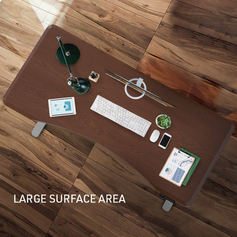 FORTIA Sit To Stand Up Standing Desk, 150x70cm, 72-118cm Electric Height Adjustable, Ergonomically Curved Edge, 50kg Rated, Walnut Style/Silver Frame