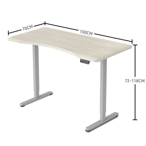 FORTIA Sit To Stand Up Standing Desk, 150x70cm, 72-118cm Electric Height Adjustable, Ergonomically Curved Edge, 50kg Rated, White Oak Style/Silver Frame