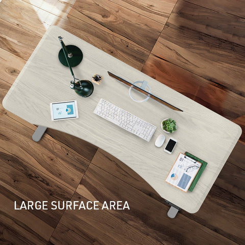 FORTIA Sit To Stand Up Standing Desk, 150x70cm, 72-118cm Electric Height Adjustable, Ergonomically Curved Edge, 50kg Rated, White Oak Style/Silver Frame