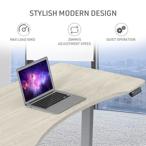 FORTIA Sit To Stand Up Standing Desk, 150x70cm, 72-118cm Electric Height Adjustable, Ergonomically Curved Edge, 50kg Rated, White Oak Style/Silver Frame