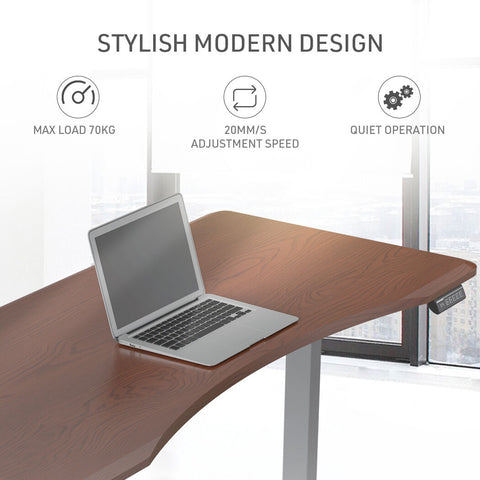 FORTIA Sit To Stand Up Standing Desk, 160x70cm, 72-118cm Electric Height Adjustable, Ergonomically Curved Edge, 50kg Rated, Walnut Style/Silver Frame