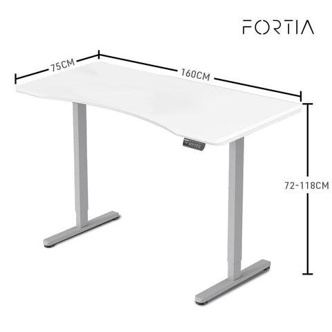 FORTIA Sit To Stand Up Standing Desk, 160x75cm, 72-118cm Electric Height Adjustable, Ergonomically Curved Edge, 50kg Rated, White/Silver Frame