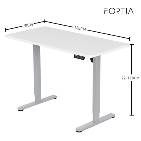 FORTIA Sit To Stand Up Standing Desk, 120x60cm, 72-118cm Electric Height Adjustable, 40kg Rated, White/Silver Frame