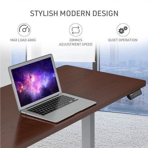 FORTIA Sit To Stand Up Standing Desk, 140x60cm, 72-118cm Electric Height Adjustable, 40kg Rated, Walnut Style/Silver Frame