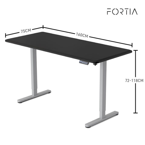 FORTIA Sit To Stand Up Standing Desk, 160x70cm, 72-118cm, Height Adjustable, 50kg Rated, Black/Silver Frame