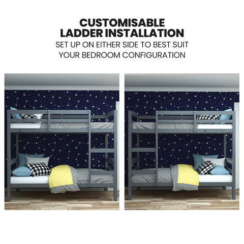 KINGSTON SLUMBER Single Bunk Bed Frame, Solid Pine 2-in-1 Modular Design, Converts to 2 Single Beds, For Kids, Grey