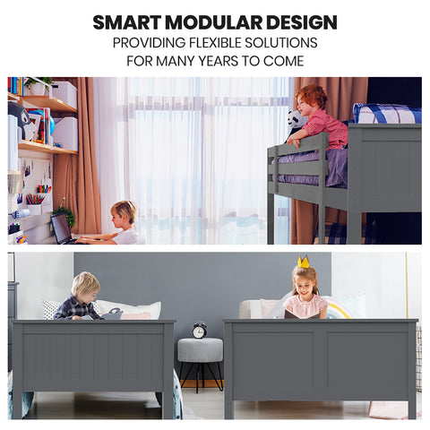 Kingston Slumber Triple Wooden Single Over Double Bunk Bed Frame for Kids, Convertible Design, Grey