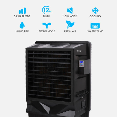 POLYCOOL 130L 750W Evaporative Air Cooler, Commercial Industrial Grade, Remote Control, Purifier, Fan