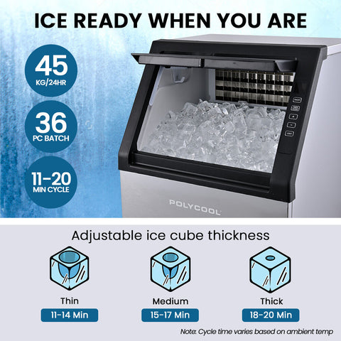 POLYCOOL Commercial Ice Maker Machine, up to 45kg/24hr, Timer & Self Cleaning Programs