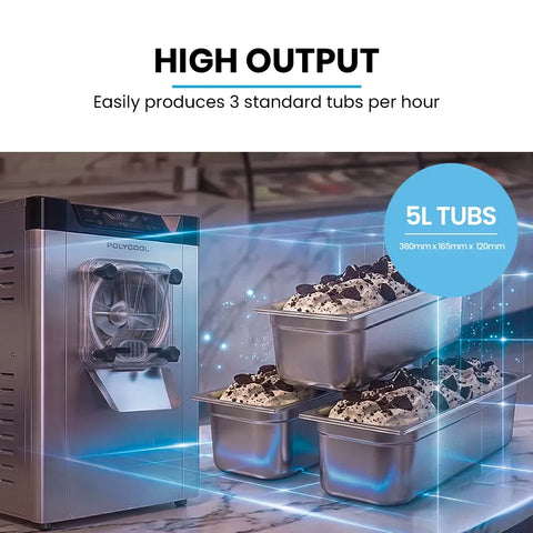 POLYCOOL Commercial 4L Benchtop Hard Ice Cream and Gelato Machine, 16L/hr output, 1400W, Stainless Steel, Digital Control Panel