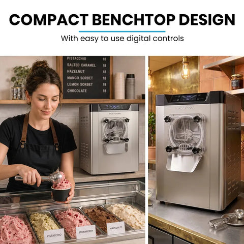 POLYCOOL Commercial 4L Benchtop Hard Ice Cream and Gelato Machine, 16L/hr output, 1400W, Stainless Steel, Digital Control Panel