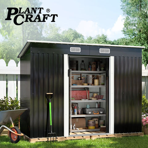 PlantCraft Galvanised Steel Garden Shed 2.38 x 1.31 x 1.82m, with 2 Sliding Doors, 2 Air Vents, Skillion Roof, Floor Frame