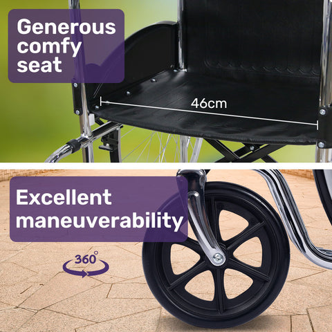 Equipmed Folding Manual Wheelchair Self Propelled, 24" Rear Wheels, Chrome Steel Frame, 46cm Wide Seat, 100kg Capacity, Park Brakes